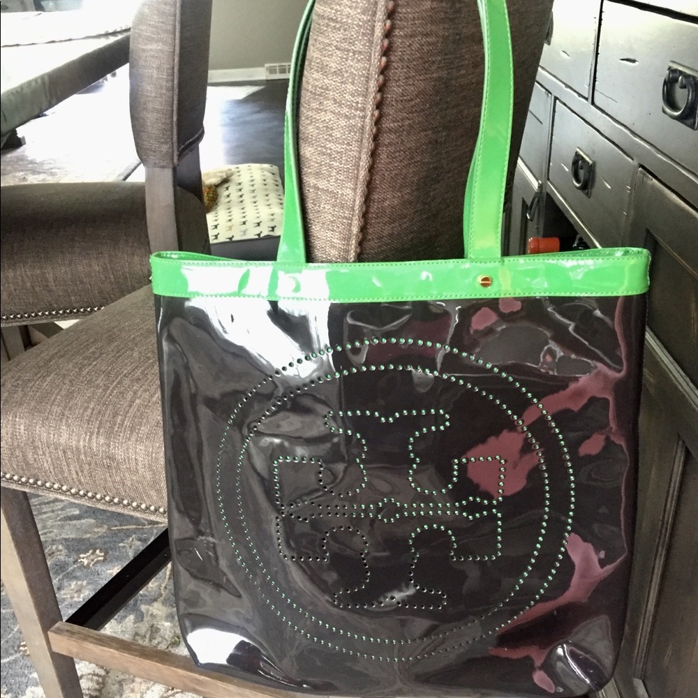 Tory Burch Navy & Green Paten Tote